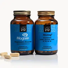 Dwie butelki suplementów diety z magnezem: Magtein (Magnesium L-Threonate) wspierający funkcje poznawcze i ALLmag z kompleksem magnezu i witamin z grupy B. Treonian magnezu działanie jest kluczowe dla mózgu.