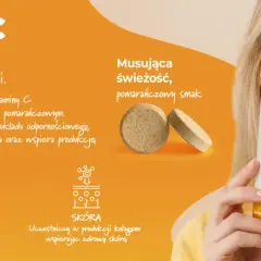 Kobieta trzyma tubkę z witaminą C 1000 mg. To suplement diety wspierający odporność, energię i zdrową skórę.