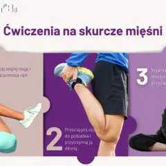 Domowe sposoby na skurcze: ćwiczenia rozciągające mięśnie nóg. Kobieta leżąca przyciąga kolano do klatki piersiowej, mężczyzna rozciąga łydkę, kobieta siedząca pochyla się do wyprostowanych nóg.
