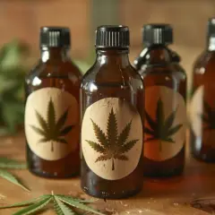 Butelki z olejkiem CBD, z liściem konopi na etykiecie. Pytanie: czy po olejku CBD można prowadzić?