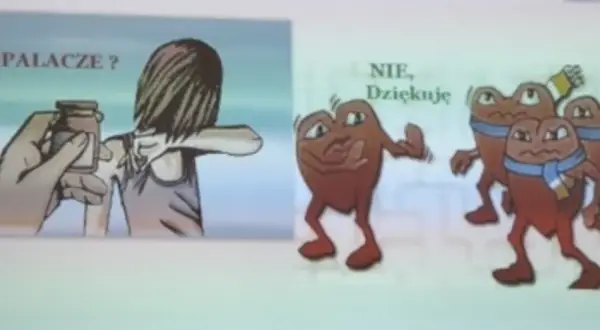 Ilustracja: ręka podaje buteleczkę z napisem "Dopalacze?", młoda osoba odwraca się, a obok serca w szalikach odmawiają.