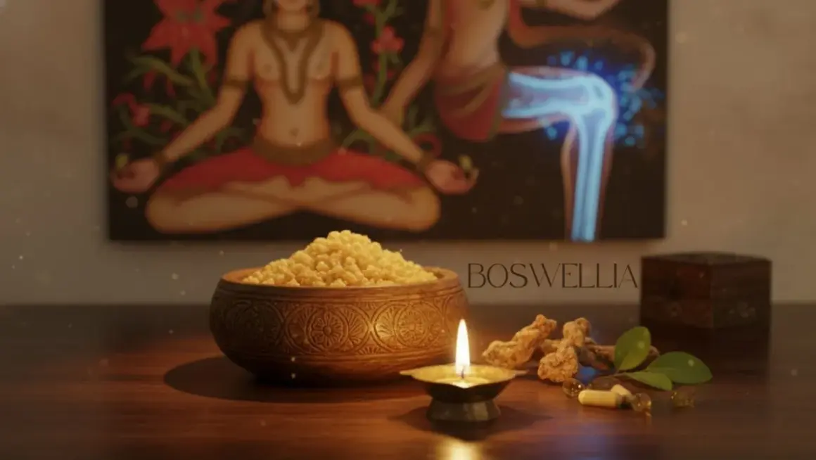 Boswellia na co pomaga? Na bóle stawów i stany zapalne. Obrazek przedstawia misę z żywicą, kadzidełko i suplementy, sugerując naturalne wsparcie dla zdrowia.