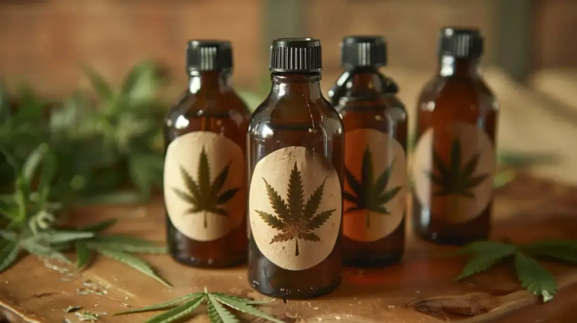 Butelki z olejkiem CBD, z liściem konopi na etykiecie. Pytanie: czy po olejku CBD można prowadzić?